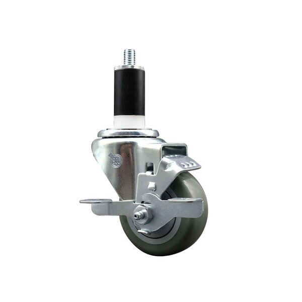 3'' Gray Poly Swivel 1-3/8'' Expanding Stem Caster with Brake